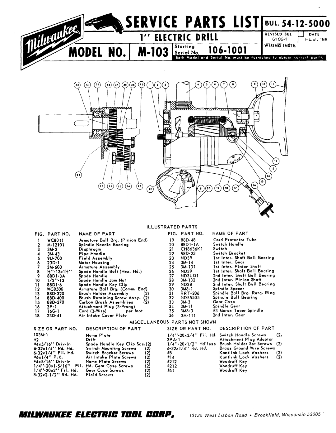 Milwaukee M-103 manual Service Parts List, Illustrated Parts Name, Name Part, Description Part 