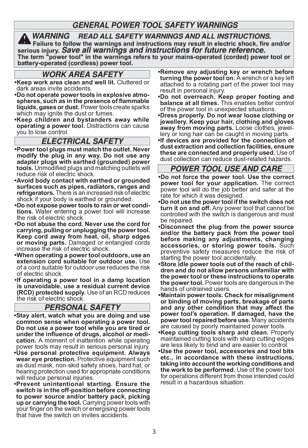 Milwaukee m12 cpd manual General Power Tool Safety Warnings, Work Area Safety, Electrical Safety, Personal Safety 