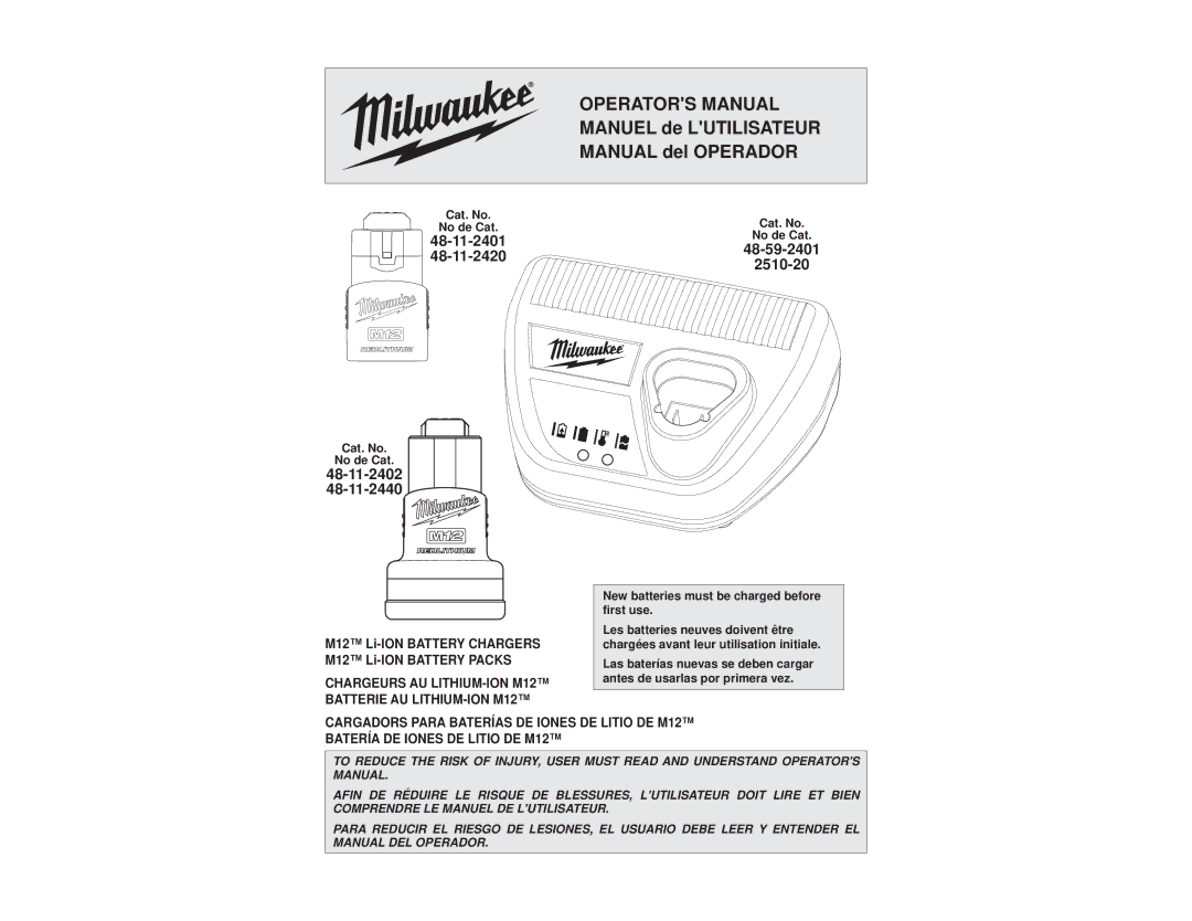 Milwaukee manual Cat. No No de Cat, M12 Li-ION Battery Chargers M12 Li-ION Battery Packs 