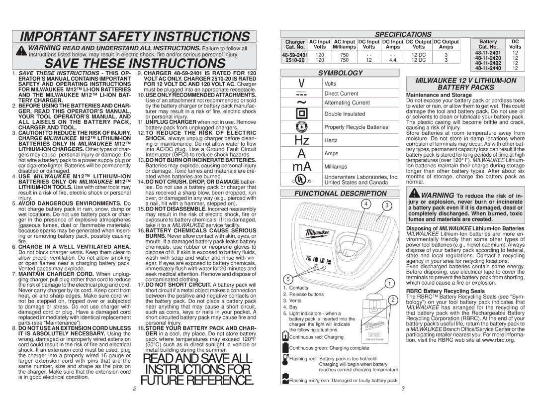 Milwaukee M12 manual Important Safety Instructions, Specifications, Symbology Milwaukee 12 V LITHIUM-ION, Battery Packs 