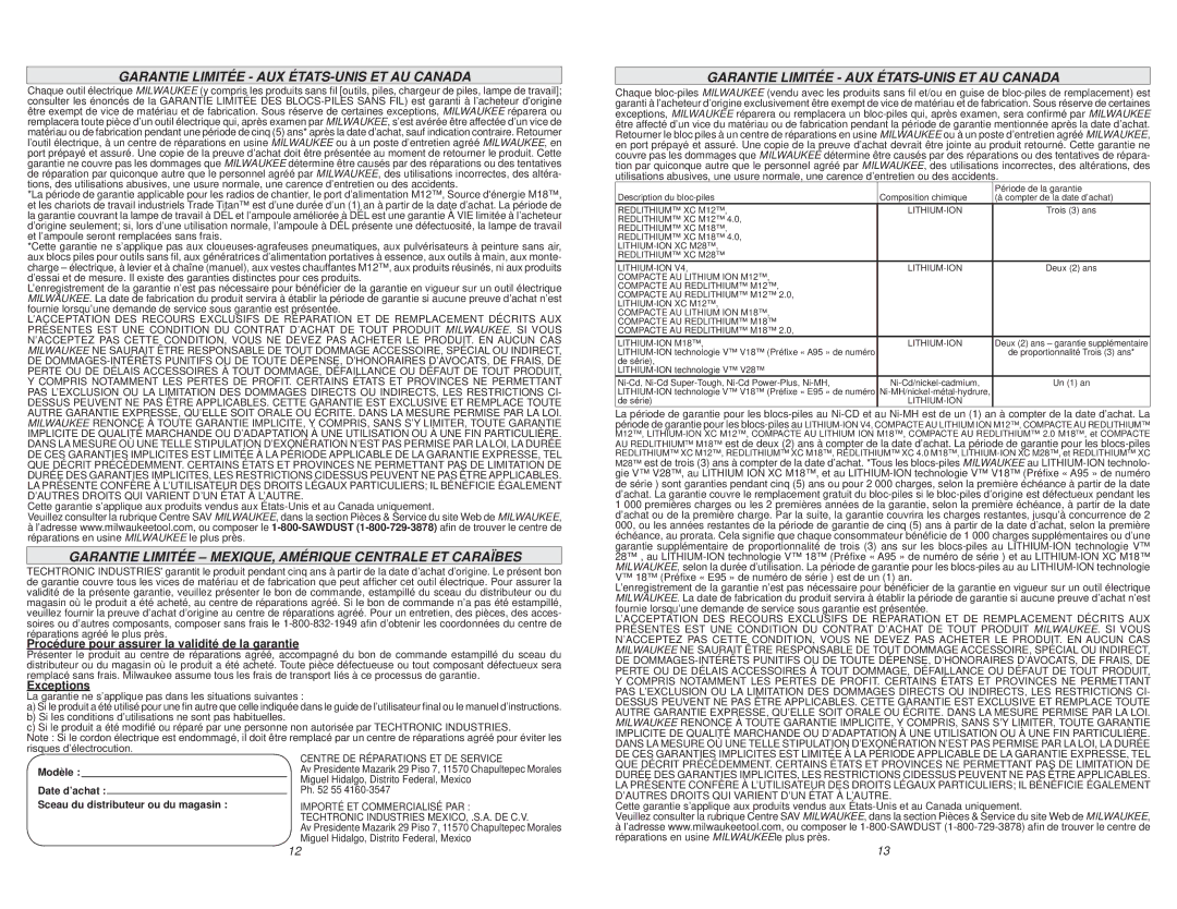 Milwaukee M12 manual Garantie Limitée AUX ÉTATS-UNIS ET AU Canada, Garantie Limitée MEXIQUE, Amérique Centrale ET Caraïbes 