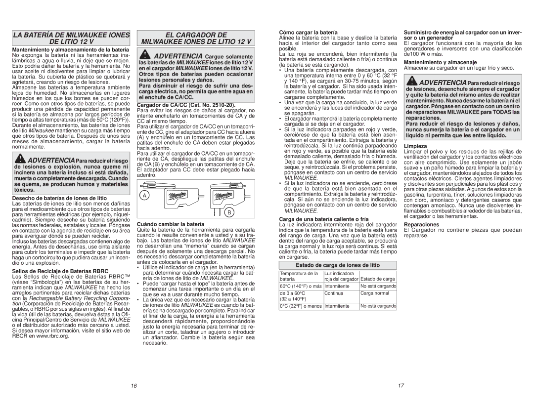 Milwaukee M12 manual LA Batería DE Milwaukee Iones DE Litio 12, EL Cargador DE Milwaukee Iones DE Litio 12 