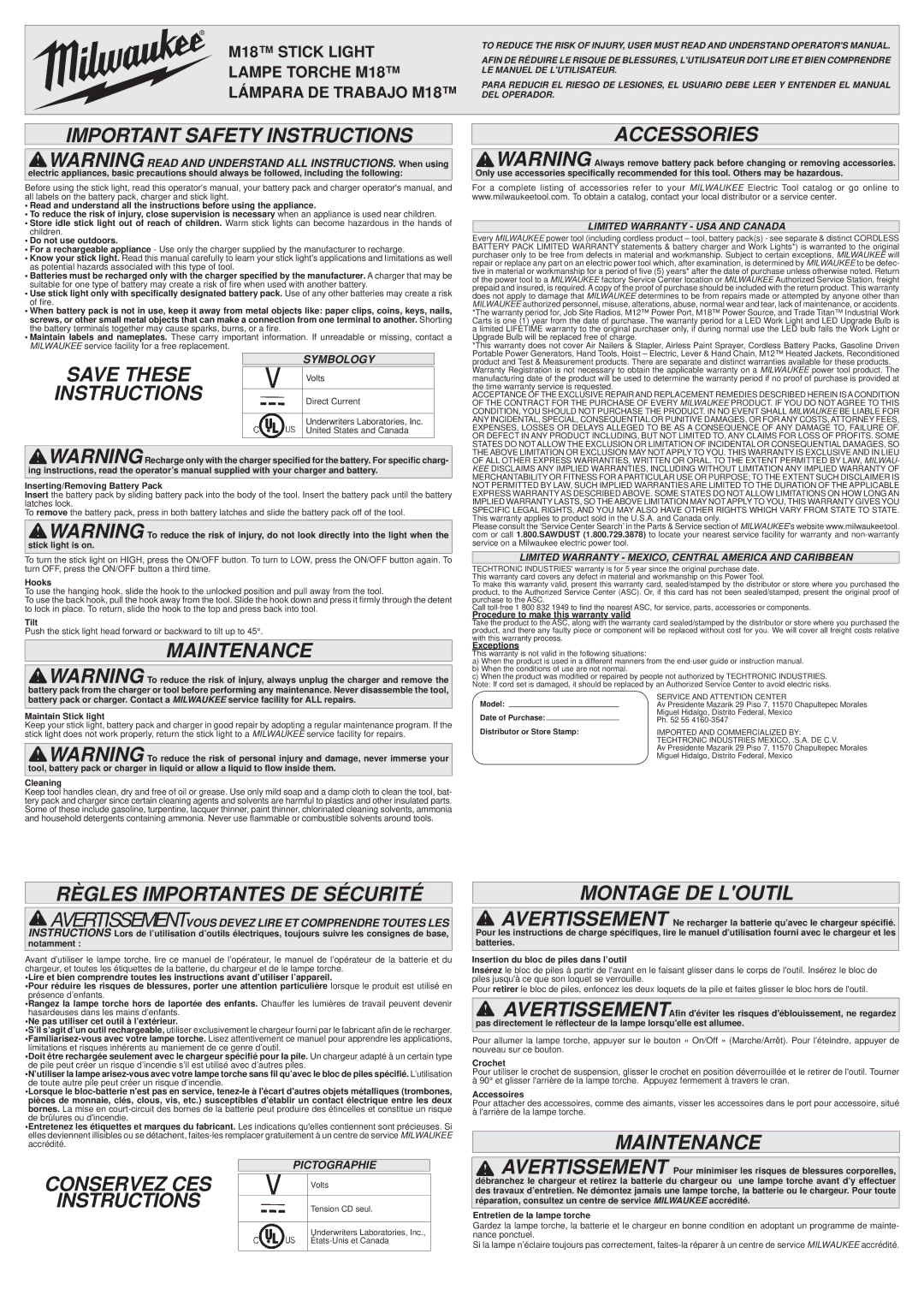 Milwaukee M18 important safety instructions Important Safety Instructions, Save These, Maintenance, Accessories 