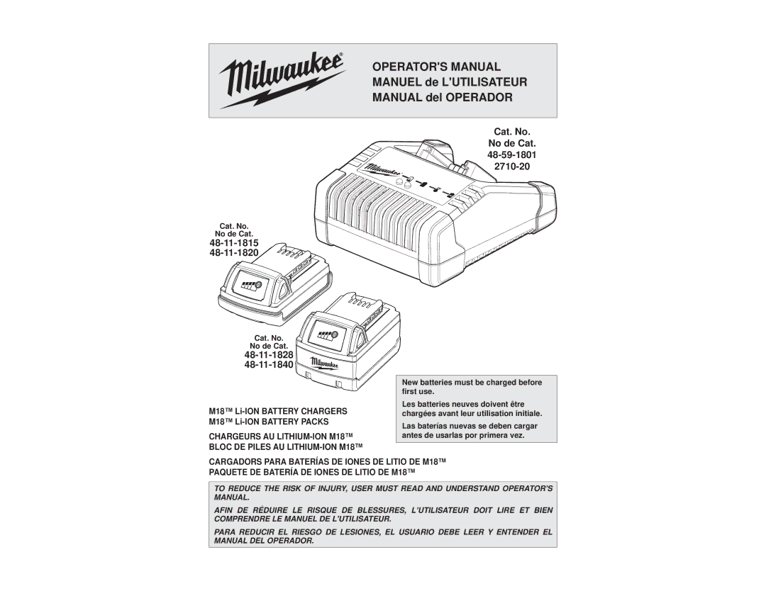 Milwaukee manual Cat. No No de Cat, M18 Li-ION Battery Chargers M18 Li-ION Battery Packs, 48-11-1828 