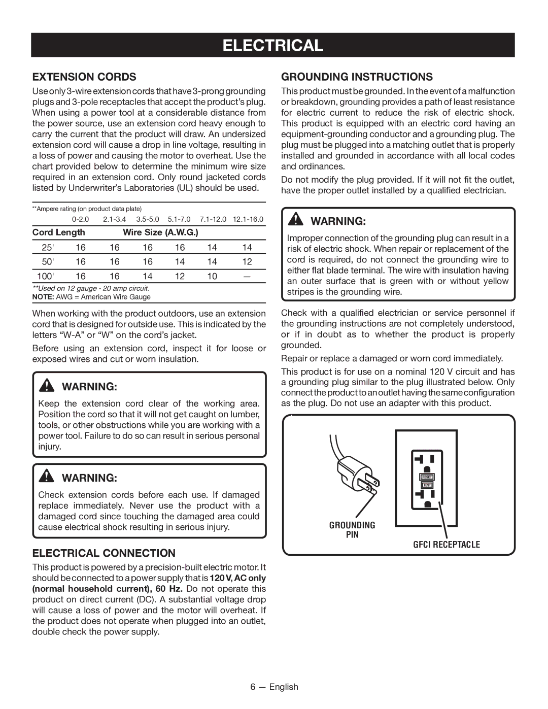 Milwaukee M4910-20 manuel dutilisation Extension Cords, Electrical Connection, Grounding Instructions 