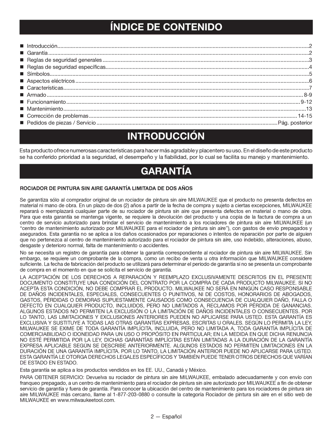 Milwaukee M4910-20 manuel dutilisation Índice DE Contenido, Introducción, Garantía, Pág. posterior 