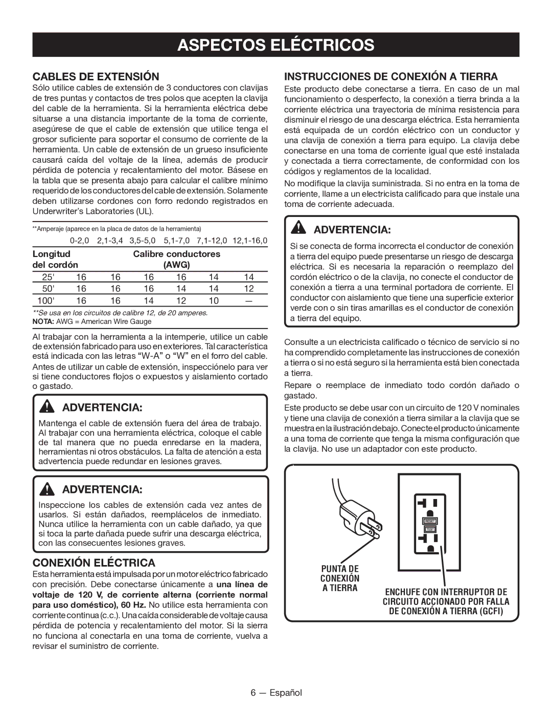 Milwaukee M4910-20 manuel dutilisation Aspectos Eléctricos, Cables de extensión, Conexión eléctrica, Advertencia 