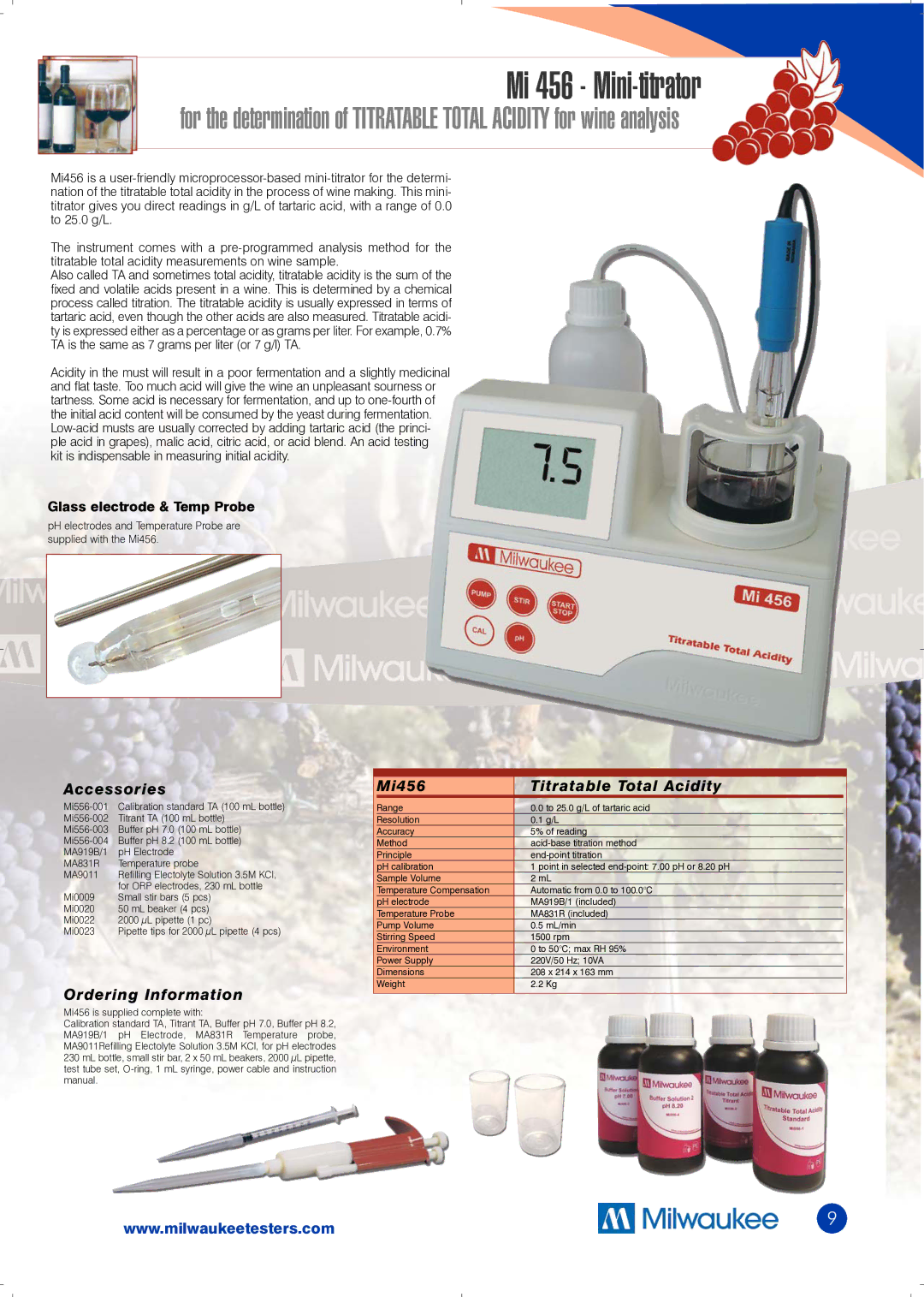 Milwaukee Mi-456 dimensions Mi 456 Mini-titrator, Accessories, Ordering Information, Mi456 Titratable Total Acidity 