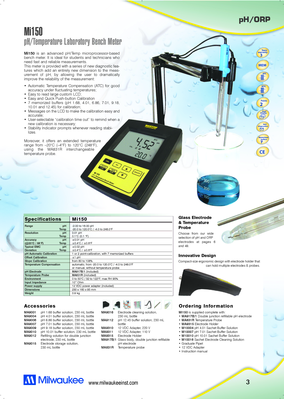 Milwaukee specifications PH/Temperature Laboratory Bench Meter, Specifications Mi150, Accessories, Ordering Information 