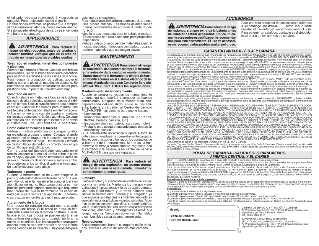 Milwaukee Milwaukee 2411-22 manual Accesorios, Applicaciones, Garantía Limitada E.U.A. Y Canadá 