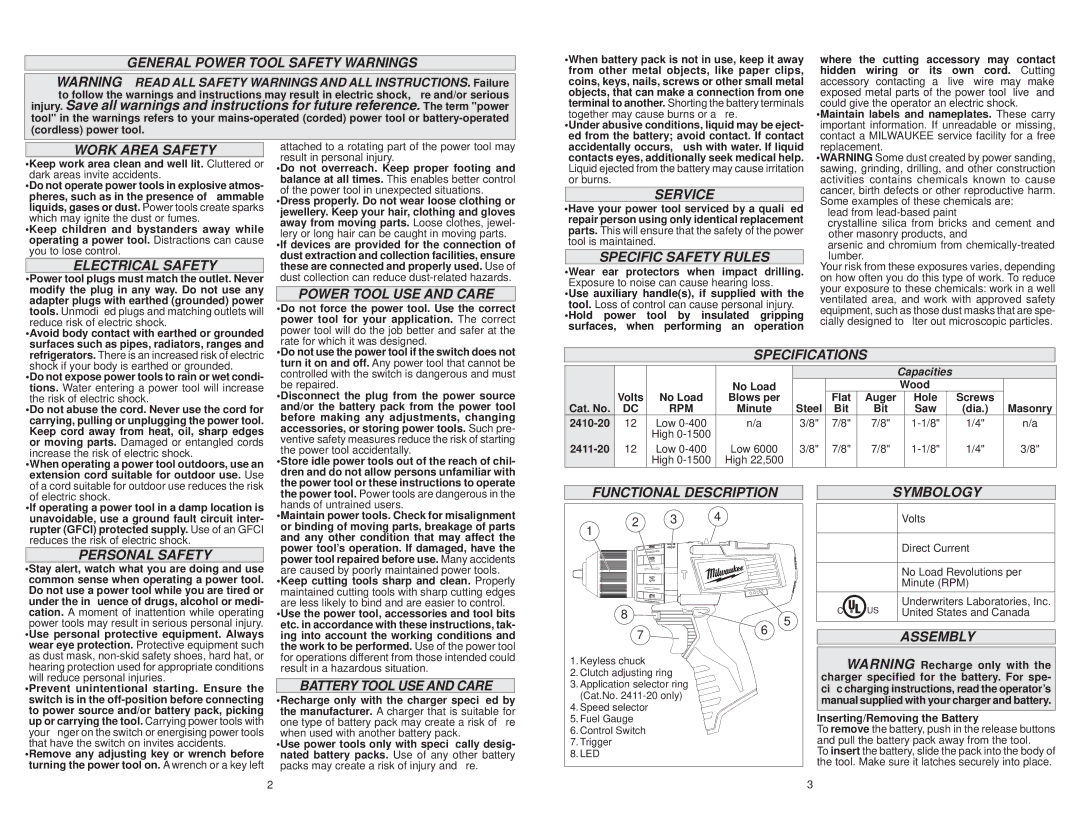 Milwaukee Milwaukee 2411-22 General Power Tool Safety Warnings, Work Area Safety, Electrical Safety, Service, Assembly 