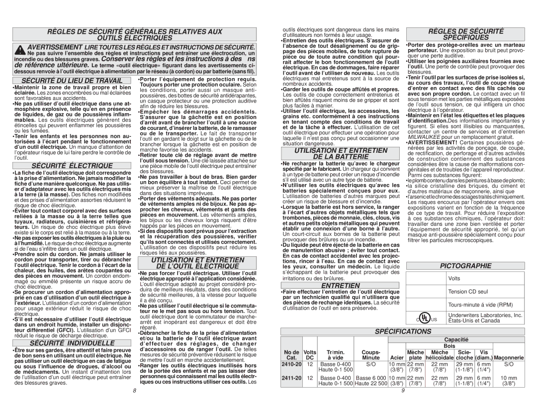 Milwaukee 2411-22 manual Règles DE Sécurité Spécifiques, Sécurité DU Lieu DE Travail, Sécurité Électrique, Entretien 