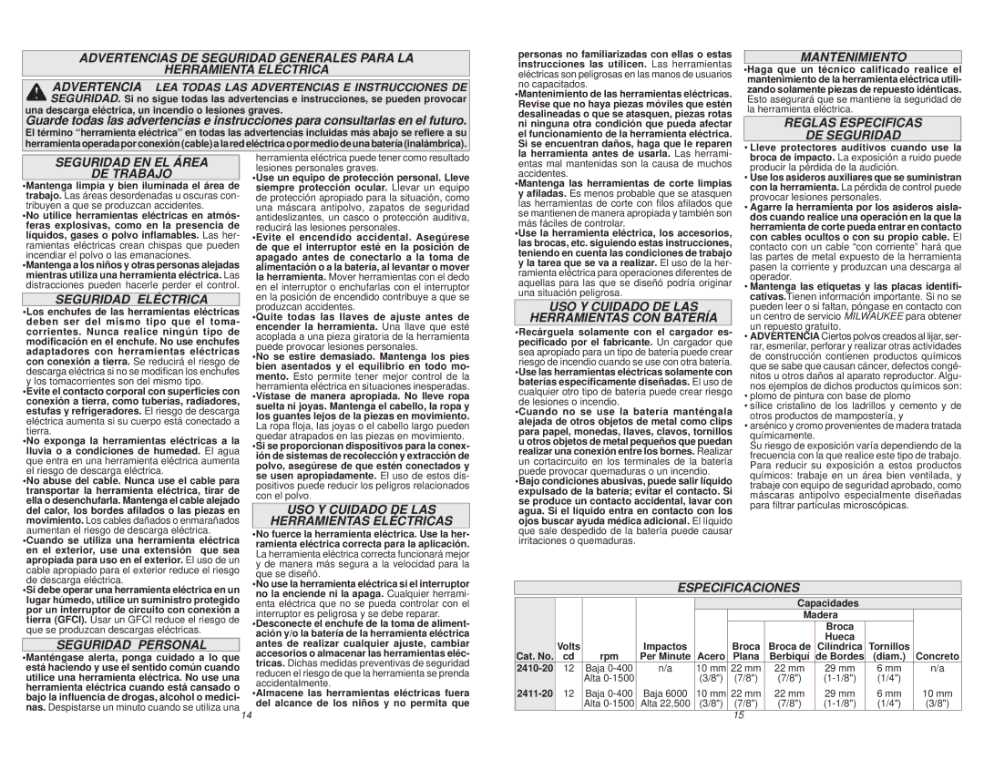 Milwaukee Milwaukee 2411-22 manual Mantenimiento, Reglas Especificas DE Seguridad, Seguridad EN EL Área DE Trabajo 
