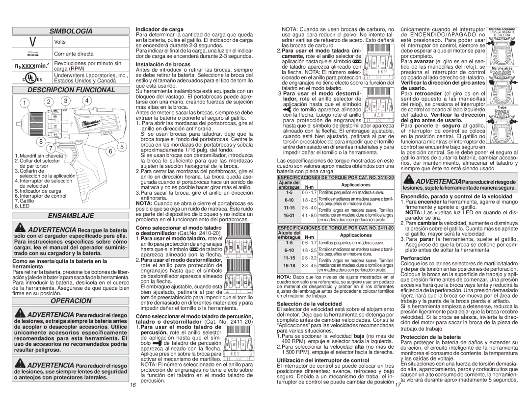 Milwaukee Milwaukee 2411-22 manual Simbología, Descripcion Funcional, Ensamblaje, Operacion 