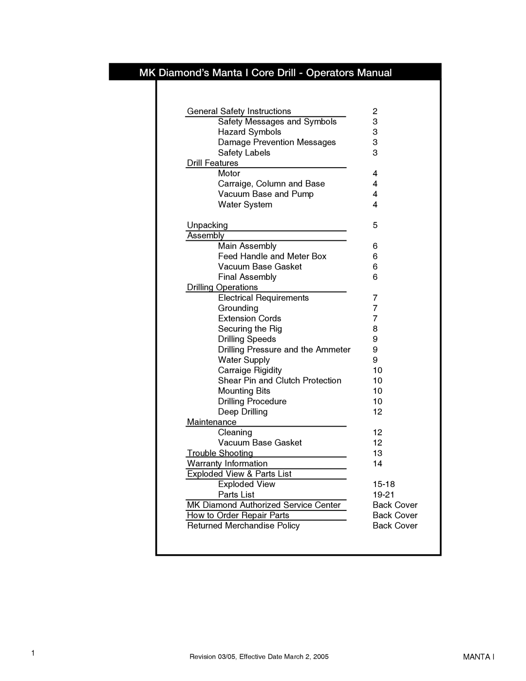 Milwaukee MK-Manta I owner manual MK Diamond’s Manta I Core Drill Operators Manual 