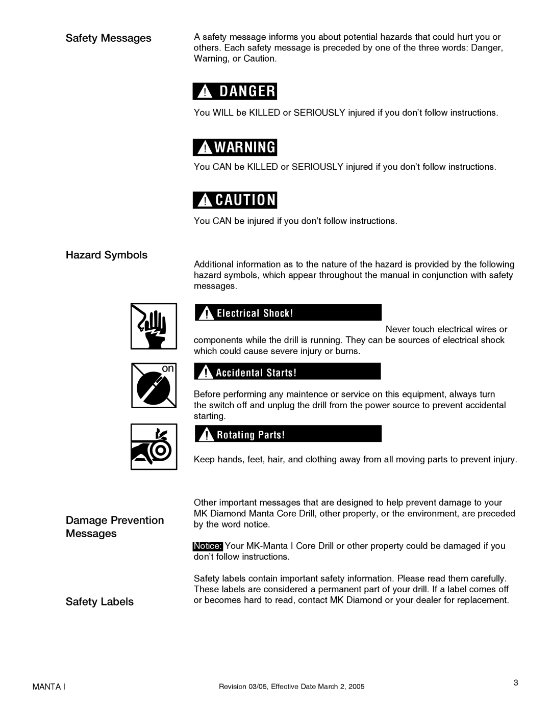 Milwaukee MK-Manta I owner manual Safety Messages, Hazard Symbols, Damage Prevention Messages Safety Labels 