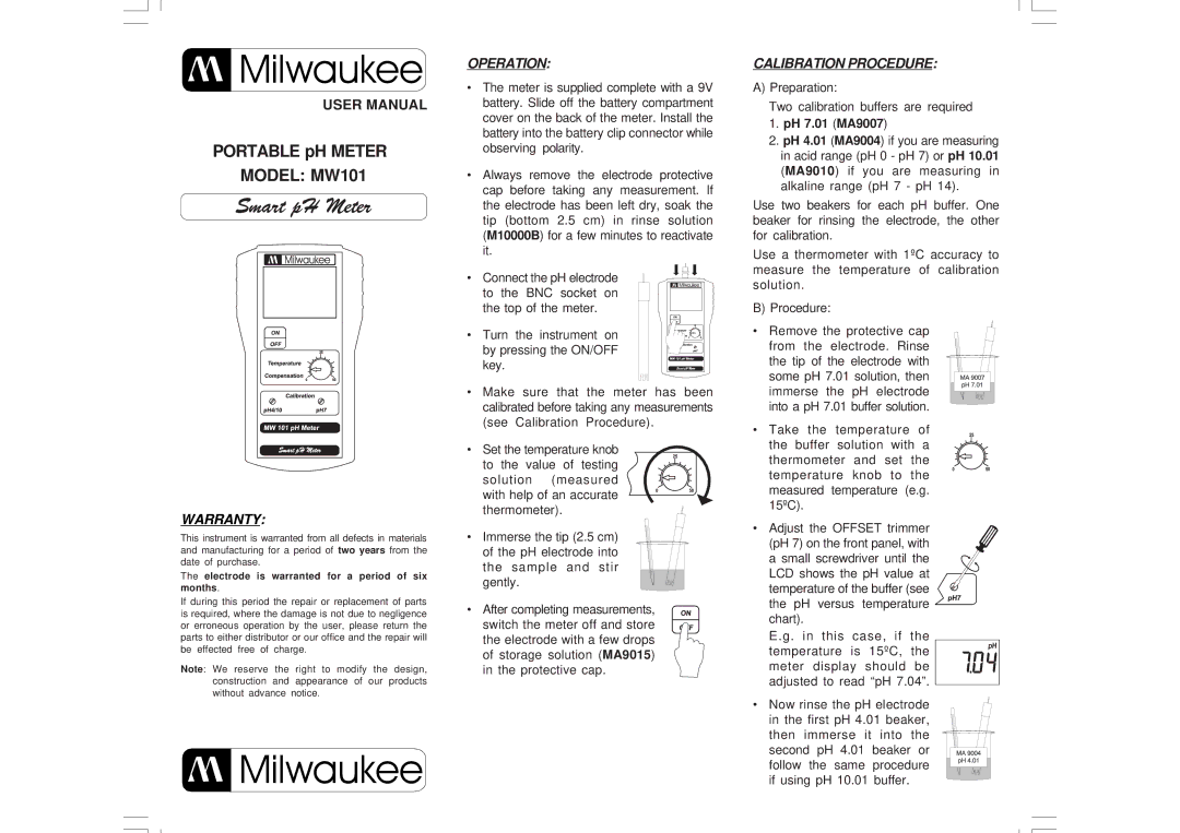 Milwaukee MW101 warranty Operation, Calibration Procedure 