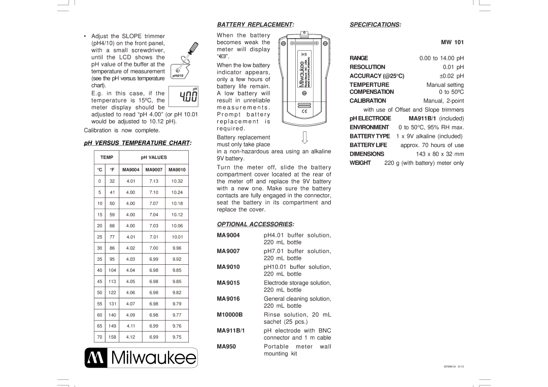 Milwaukee MW101 Battery Replacement, Optional Accessories, Specifications Range, Resolution, Accuracy @25C, Temperture 