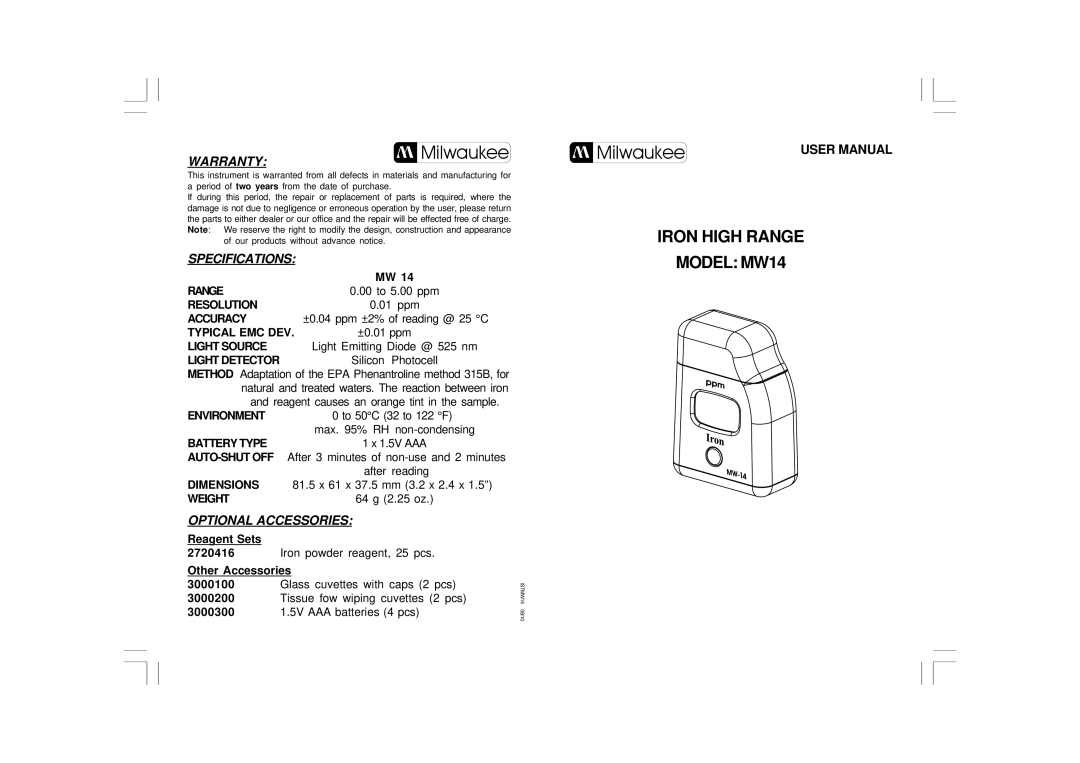 Milwaukee MW14 user manual Warranty, Specifications, Optional Accessories 