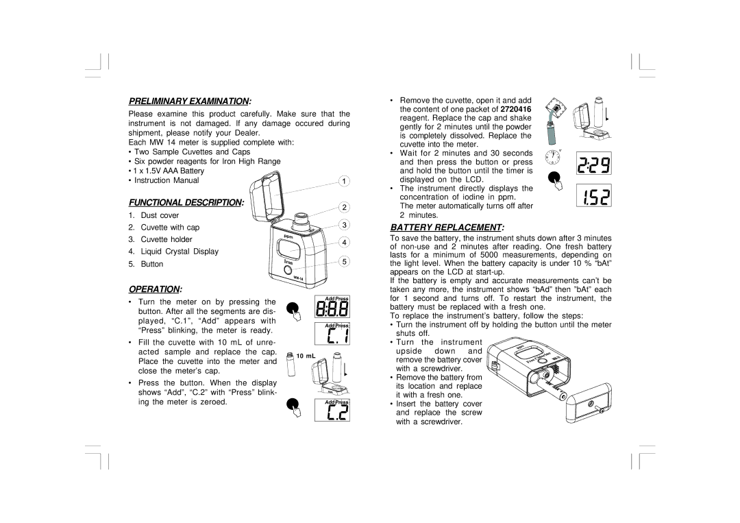 Milwaukee MW14 user manual Preliminary Examination, Functional Description, Operation, Battery Replacement 