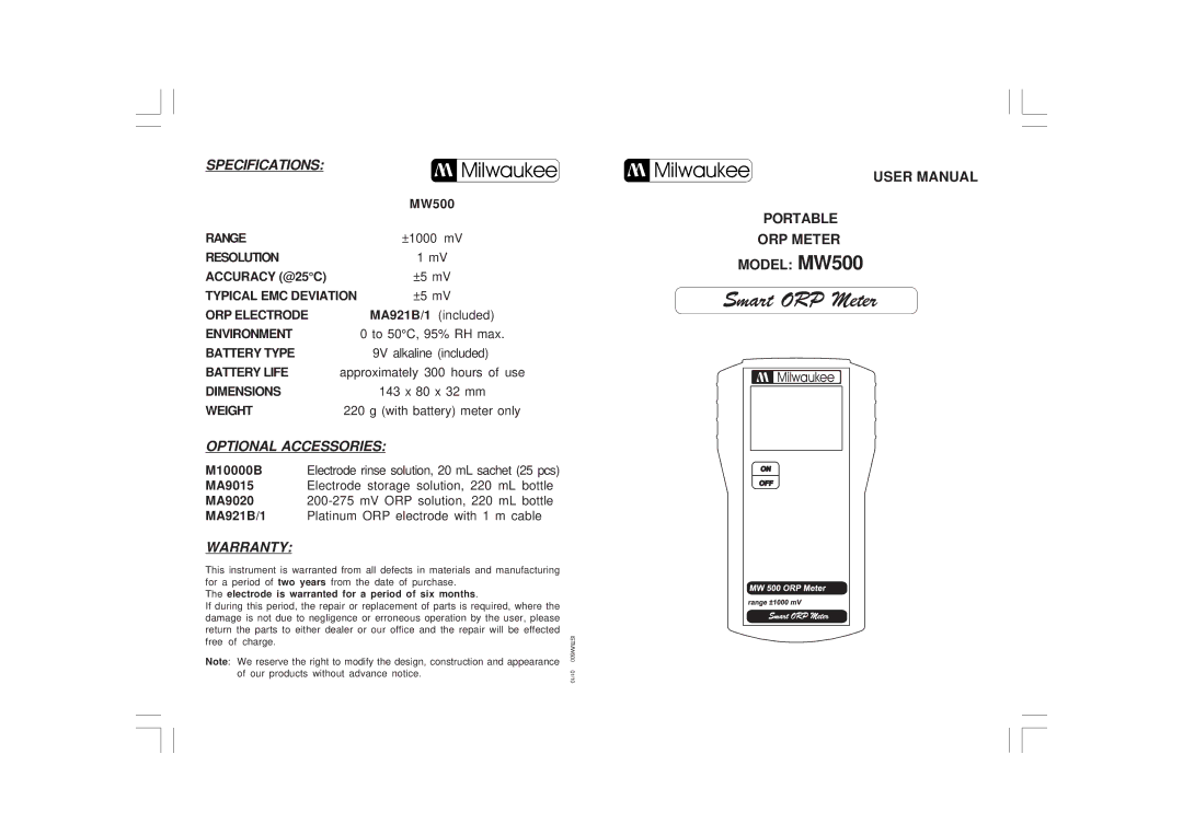 Milwaukee MW500 user manual Milwaukee, Smart ORP Meter, Specifications, Optional Accessories, Warranty 