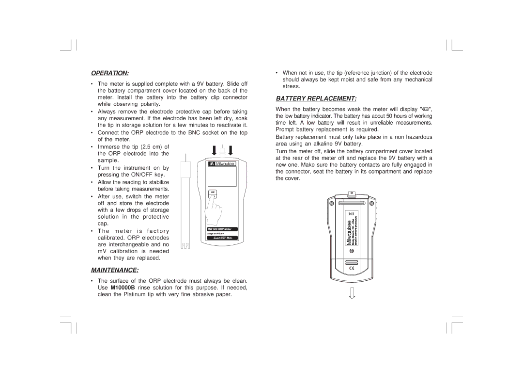 Milwaukee MW500 user manual Operation, Maintenance, Battery Replacement 