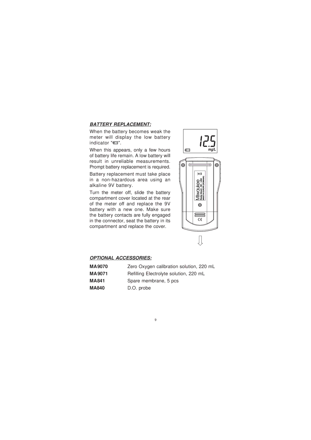 Milwaukee MW600 user manual Battery Replacement, Optional Accessories 