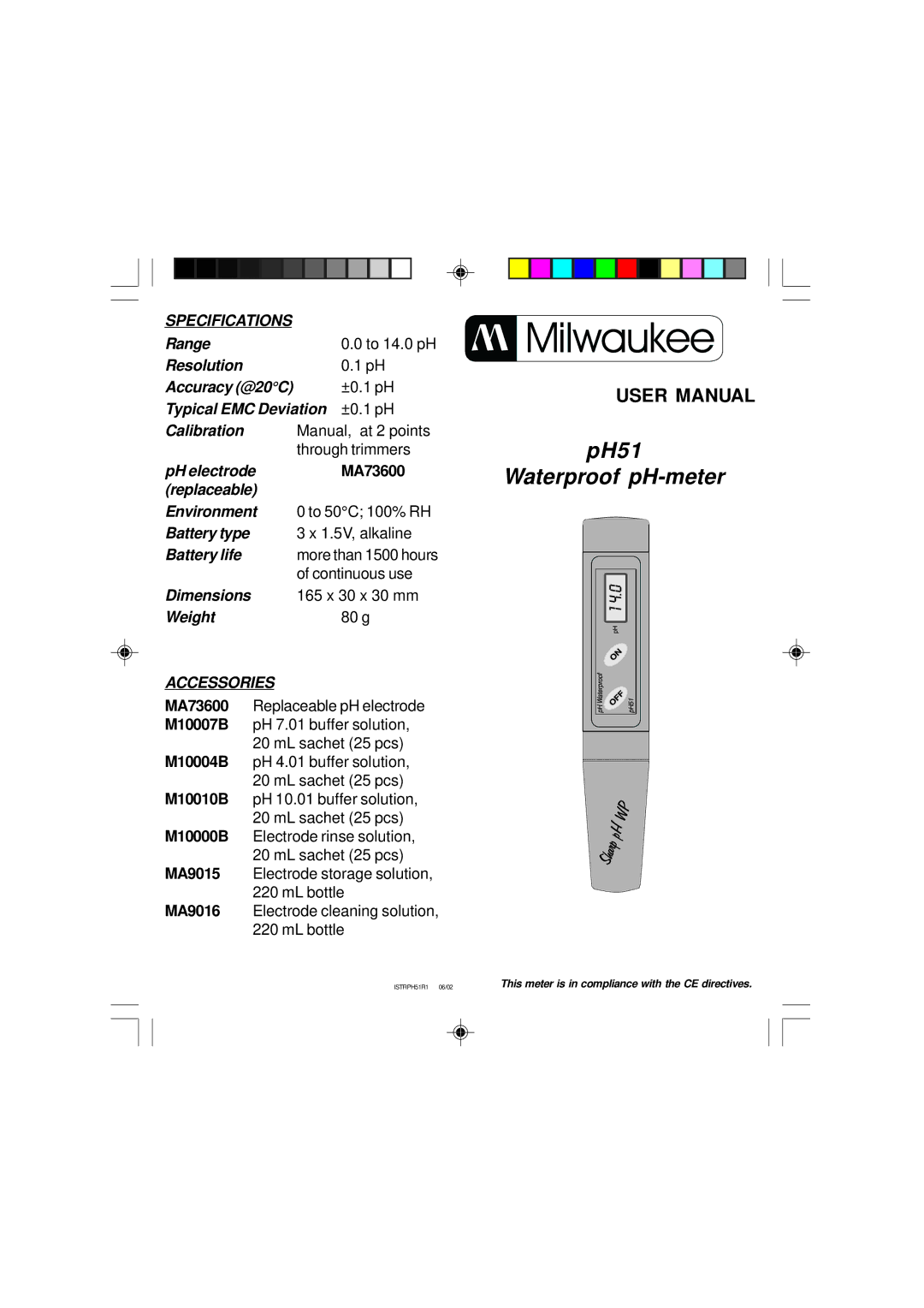 Milwaukee pH51 user manual Specifications, Accessories 