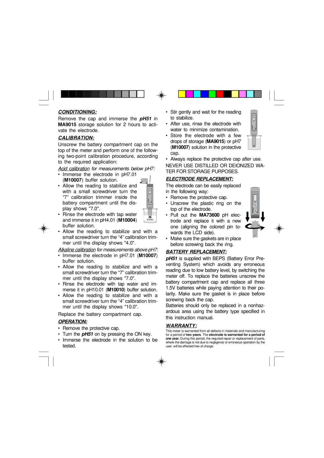 Milwaukee pH51 user manual Conditioning, Calibration, Operation, Electrode Replacement, Battery Replacement, Warranty 