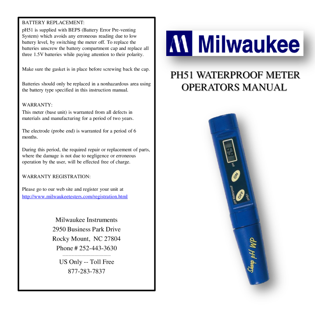 Milwaukee pH51 instruction manual PH51 Waterproof Meter Operators Manual, Battery Replacement, Warranty 