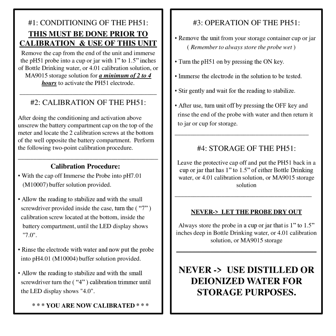 Milwaukee pH51 instruction manual #1 Conditioning of the PH51, This Must be Done Prior to Calibration & USE of this Unit 