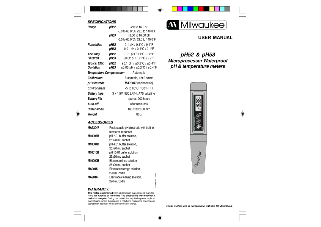 Milwaukee pH53, pH52 user manual Specifications, Accessories, Warranty 