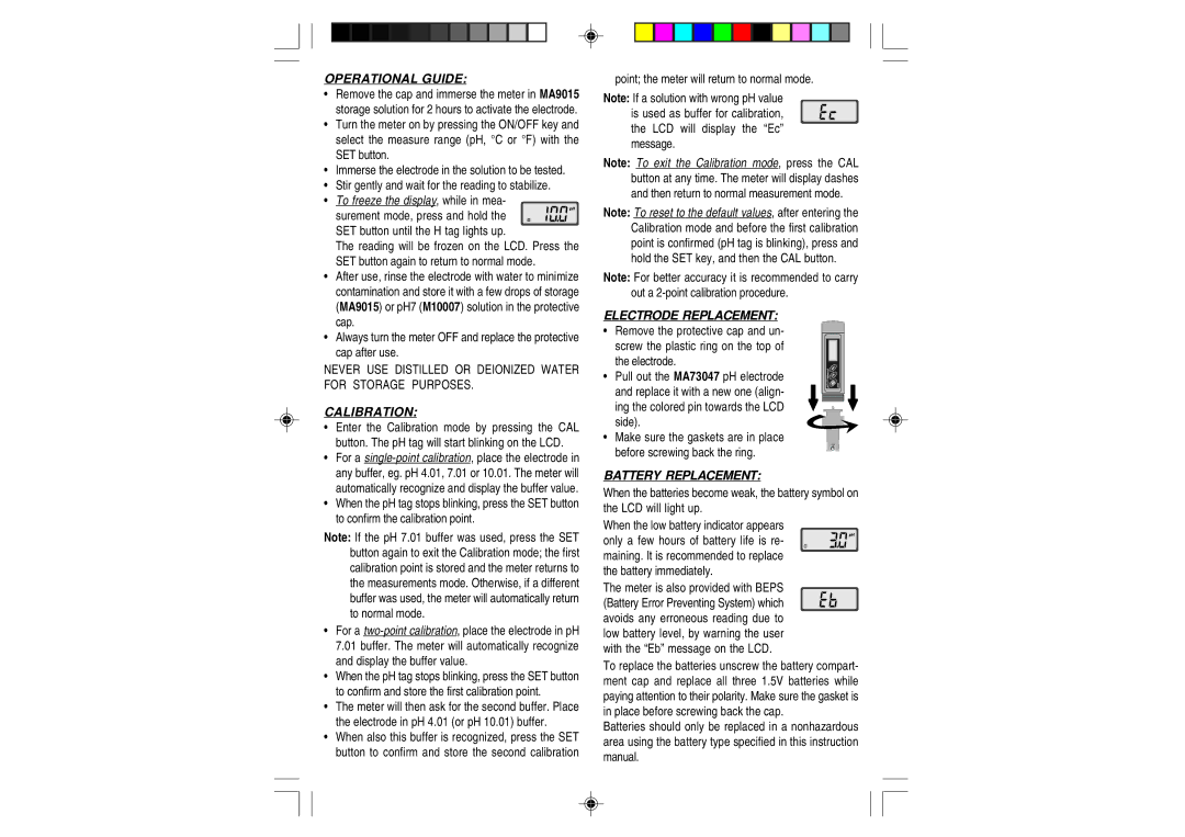 Milwaukee pH52, pH53 user manual Operational Guide, Calibration, Electrode Replacement, Battery Replacement 