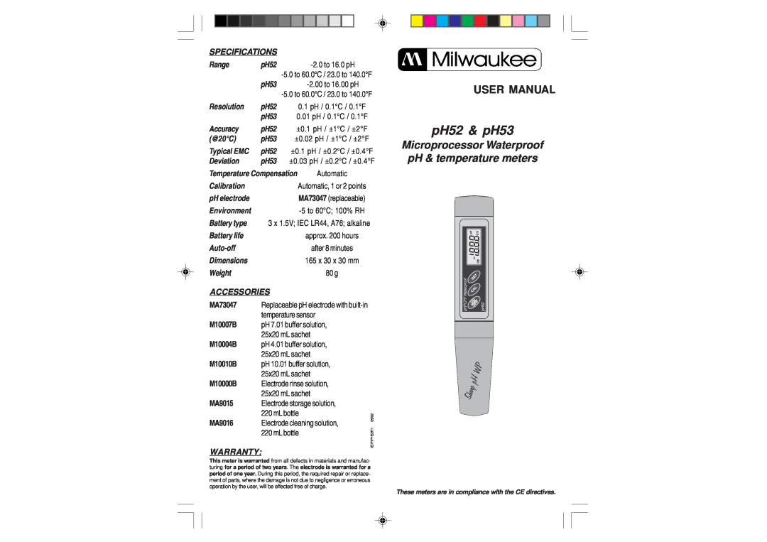 Milwaukee user manual pH52 & pH53, Microprocessor Waterproof pH & temperature meters 