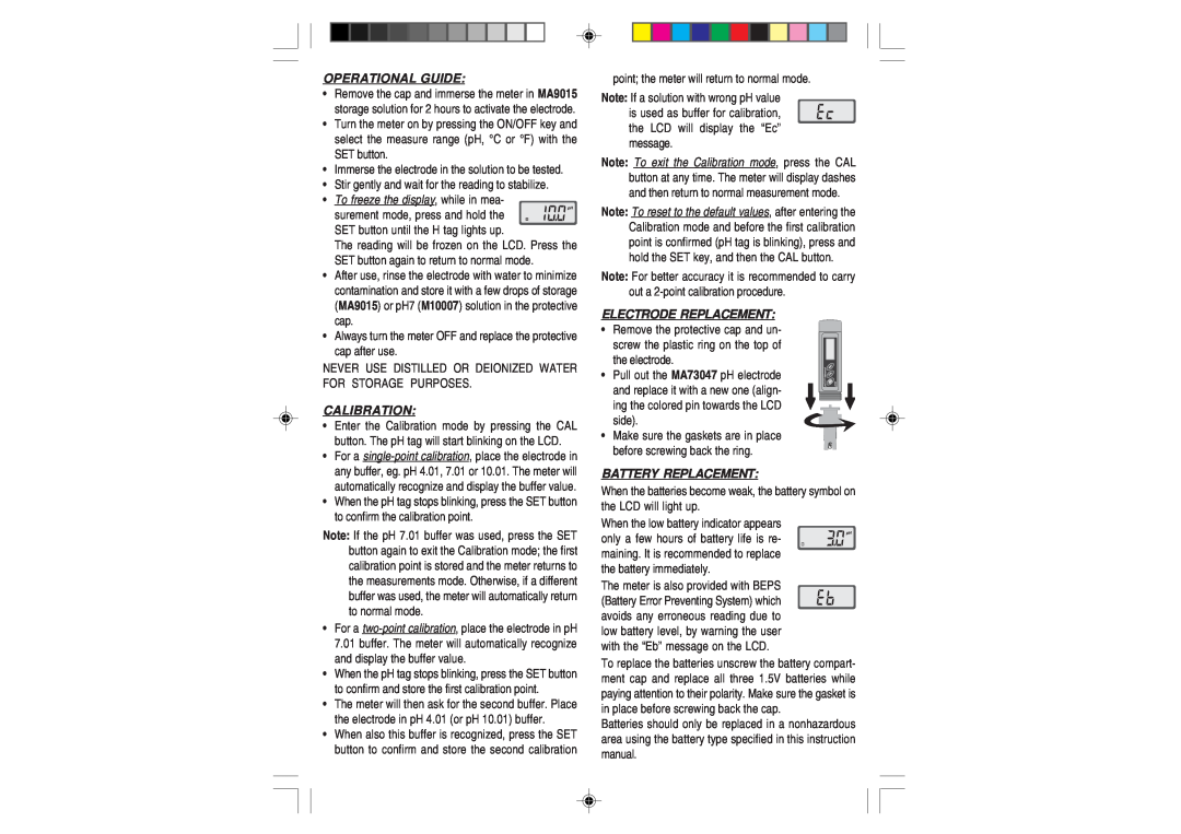 Milwaukee pH52, pH53 user manual Operational Guide, •To freeze the display, while in mea, Calibration, Electrode Replacement 