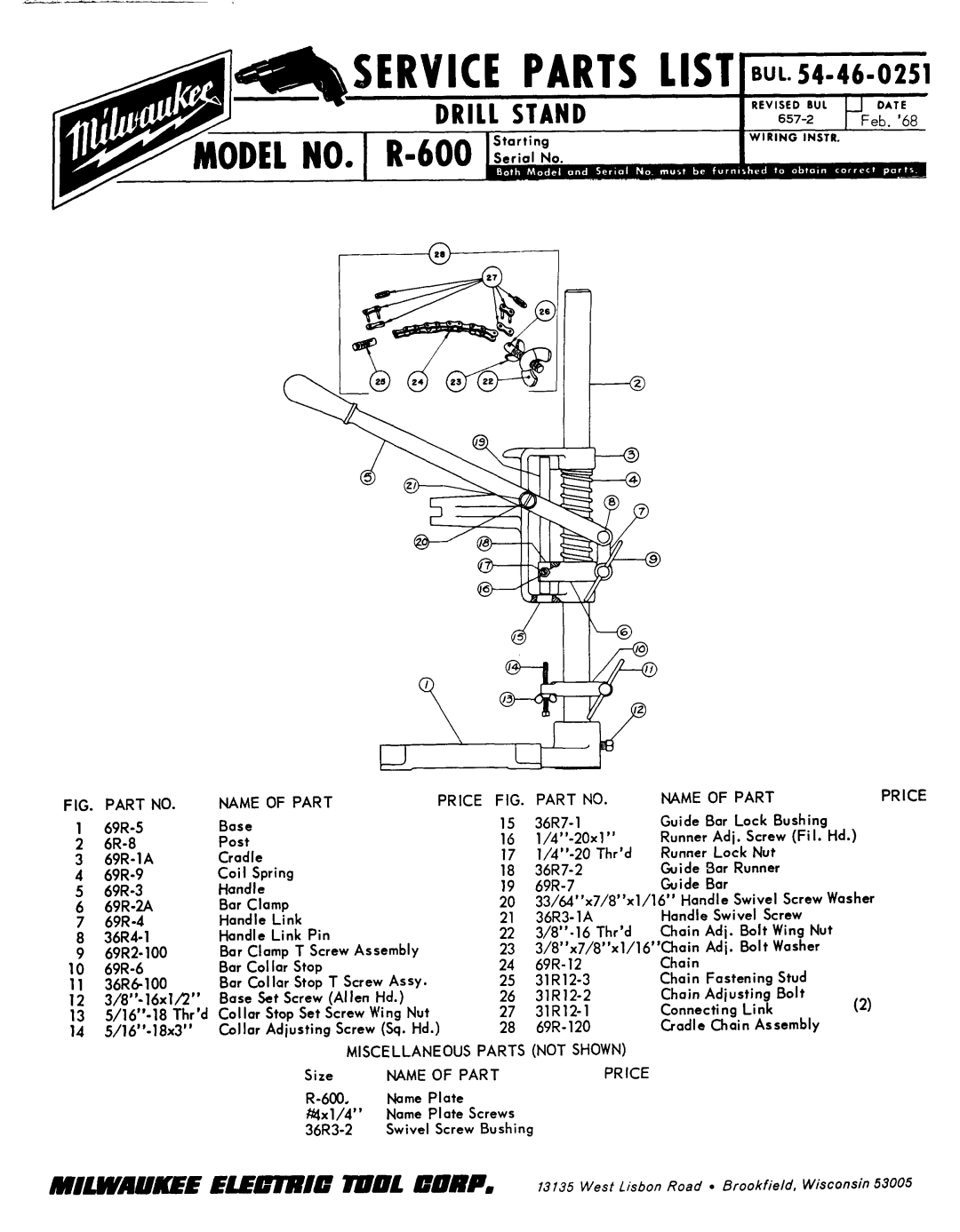 Milwaukee R-600 manual Name of Part Price, Miscellaneous, Parts, Not Shown Name Part Price 