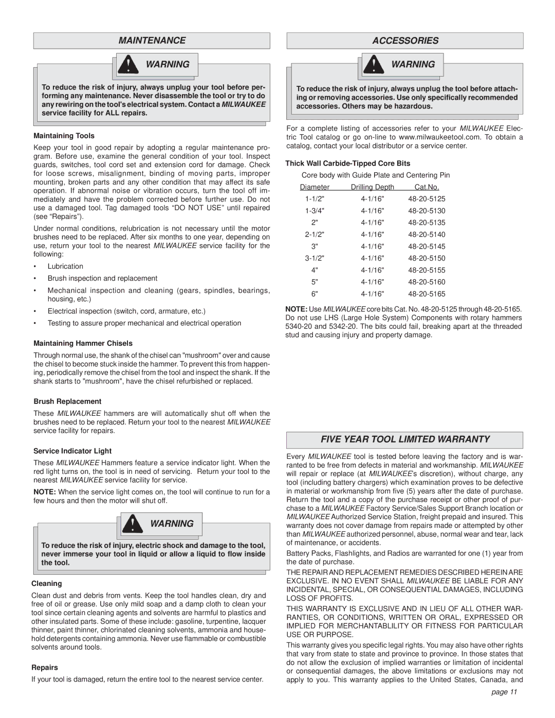 Milwaukee Rotary Hammer manual Maintenance, Accessories, Five Year Tool Limited Warranty 