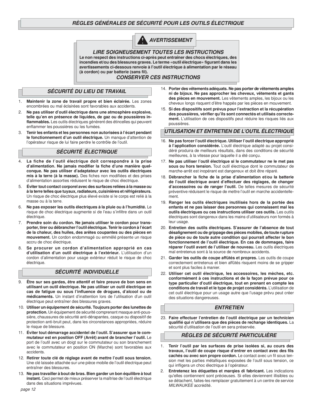 Milwaukee Rotary Hammer Conserver CES Instructions Sécurité DU Lieu DE Travail, Sécurité Électrique, Sécurité Individuelle 