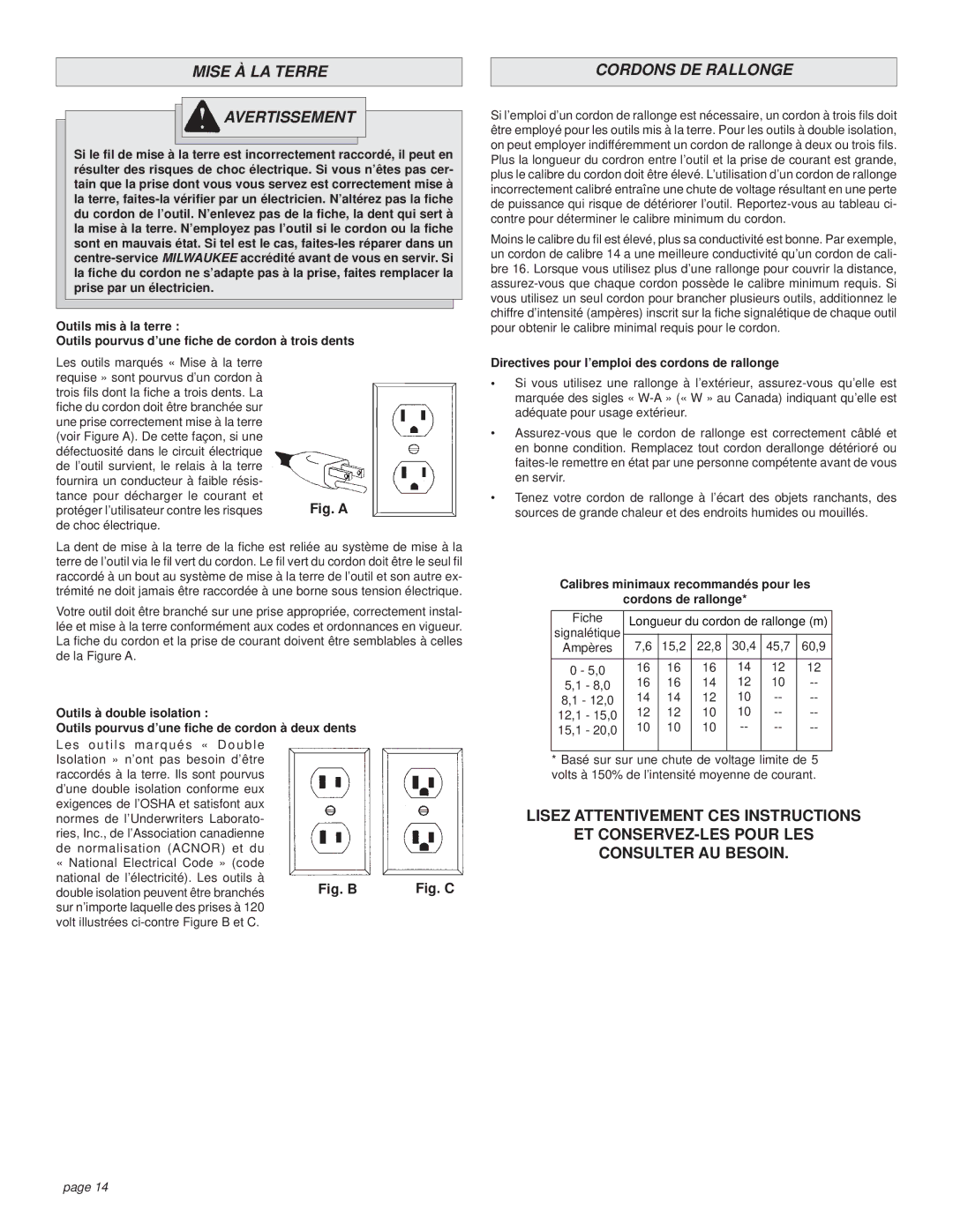 Milwaukee Rotary Hammer manual Mise À LA Terre Avertissement, Cordons DE Rallonge 