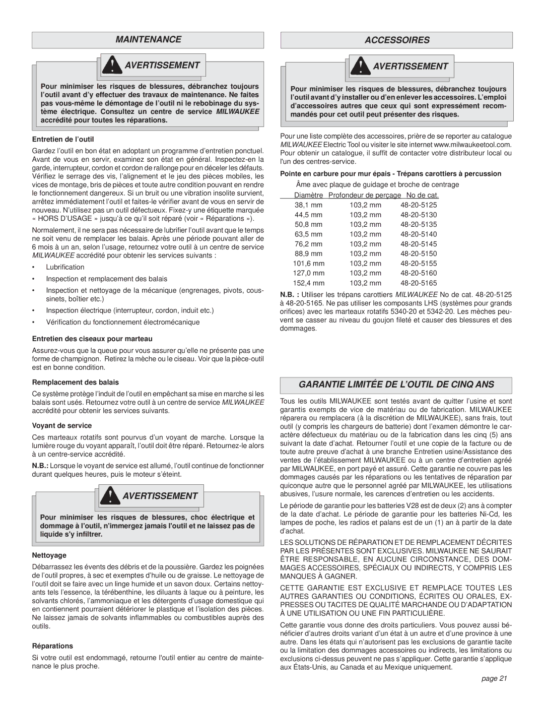 Milwaukee Rotary Hammer Maintenance Avertissement, Accessoires Avertissement, Garantie Limitée DE L’OUTIL DE Cinq ANS 