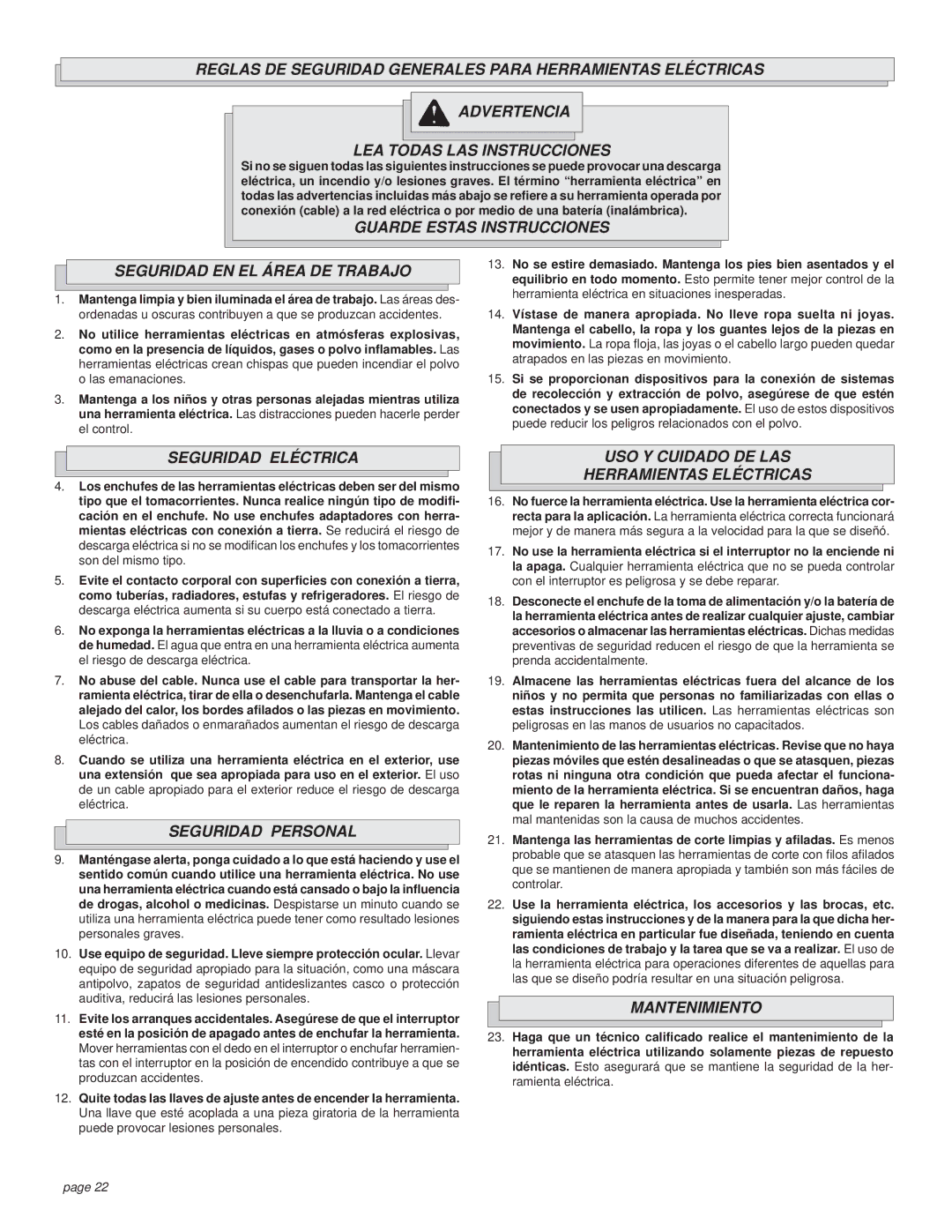 Milwaukee Rotary Hammer Guarde Estas Instrucciones Seguridad EN EL Área DE Trabajo, Seguridad Eléctrica, Mantenimiento 