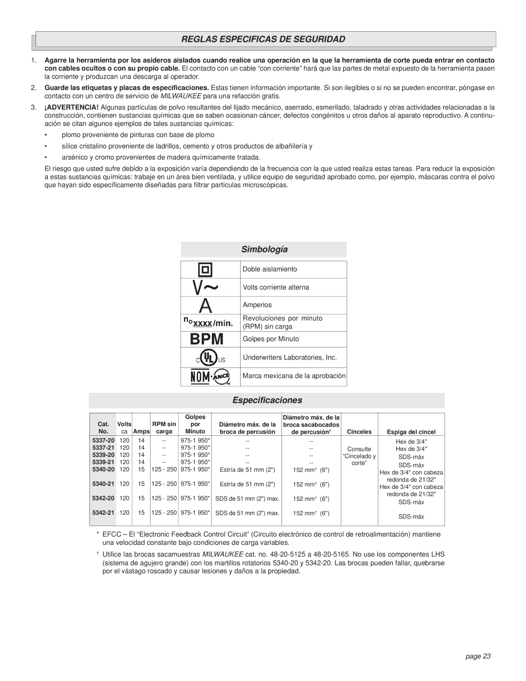 Milwaukee Rotary Hammer manual Reglas Especificas DE Seguridad, Especiﬁcaciones 