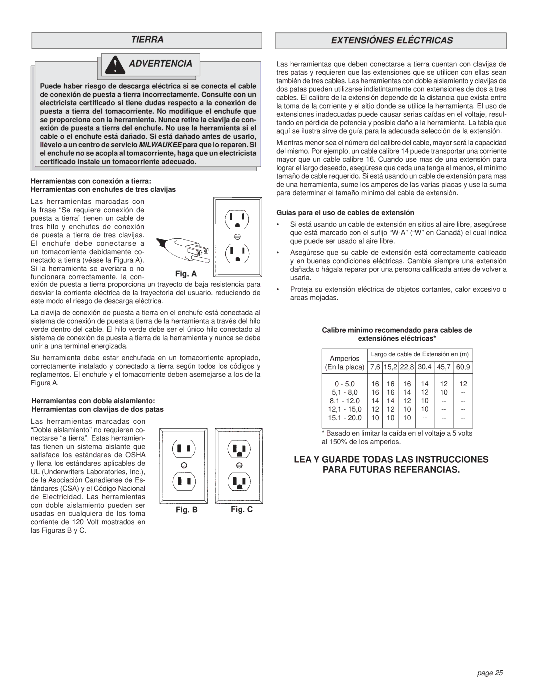 Milwaukee Rotary Hammer manual Tierra Advertencia, Extensiónes Eléctricas, Guías para el uso de cables de extensión 