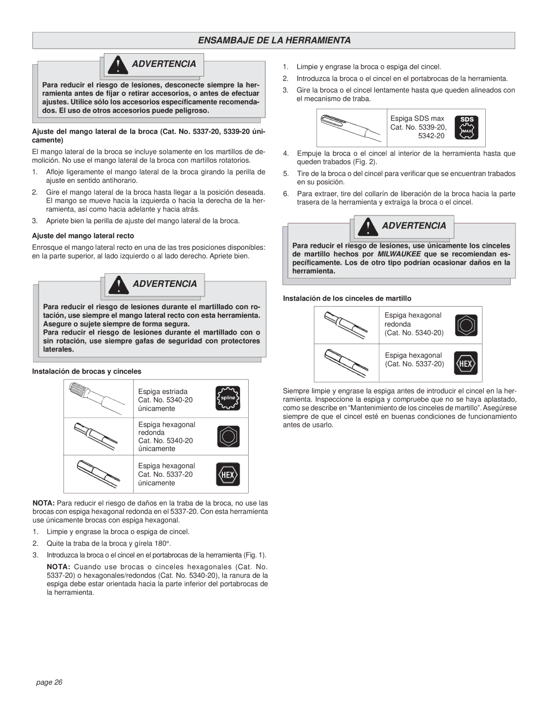 Milwaukee Rotary Hammer manual Ensambaje DE LA Herramienta Advertencia, Ajuste del mango lateral recto 