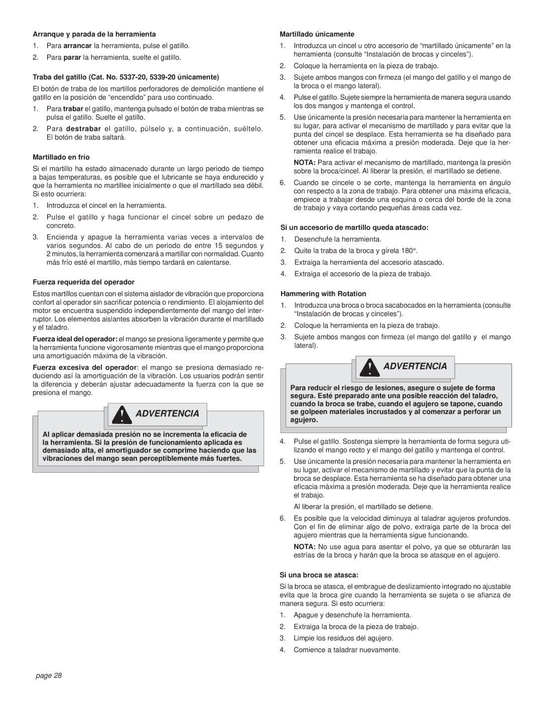 Milwaukee Rotary Hammer manual Arranque y parada de la herramienta, Traba del gatillo Cat. No -20, 5339-20 únicamente 