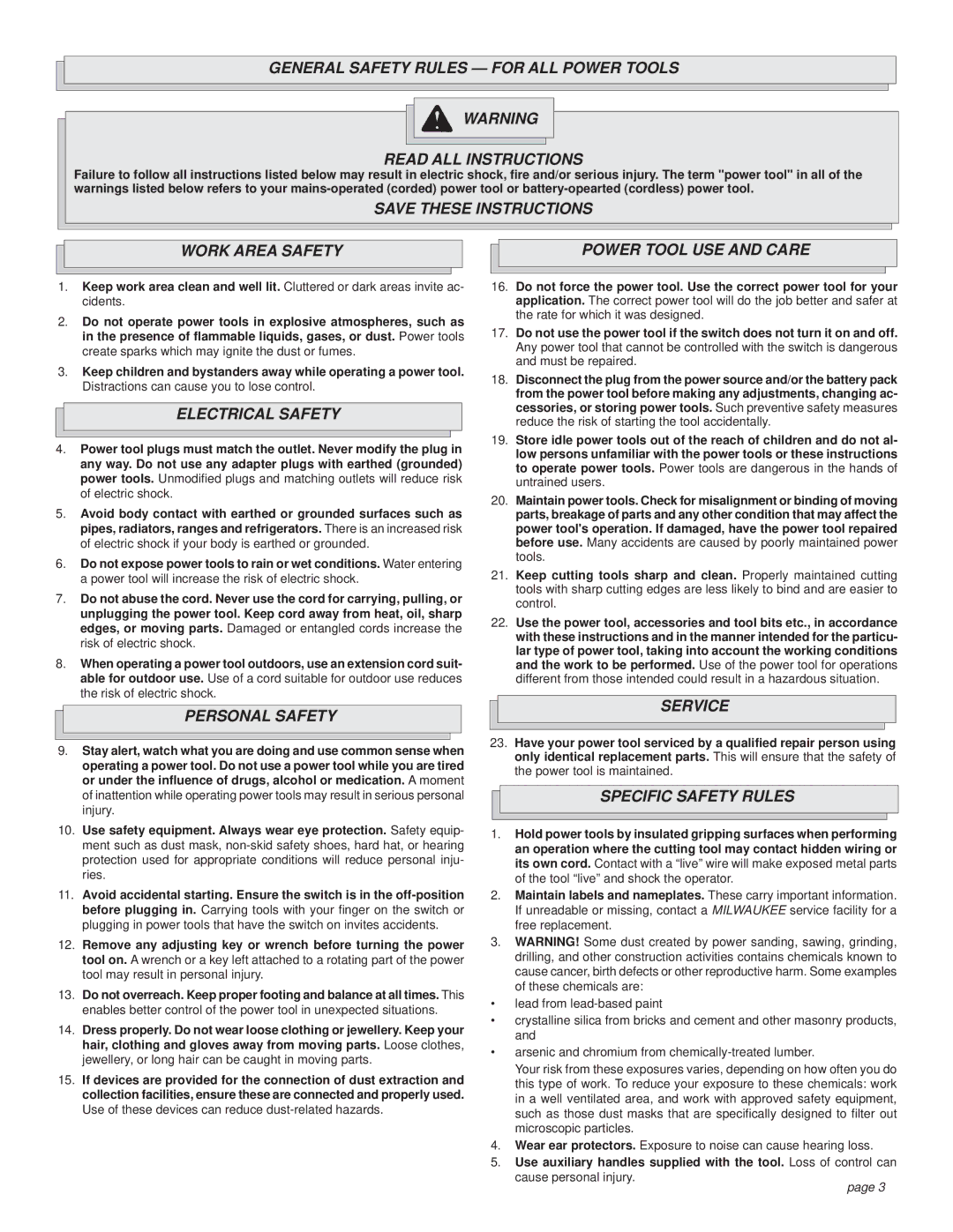 Milwaukee Rotary Hammer manual Work Area Safety Power Tool USE and Care, Electrical Safety, Personal Safety, Service 