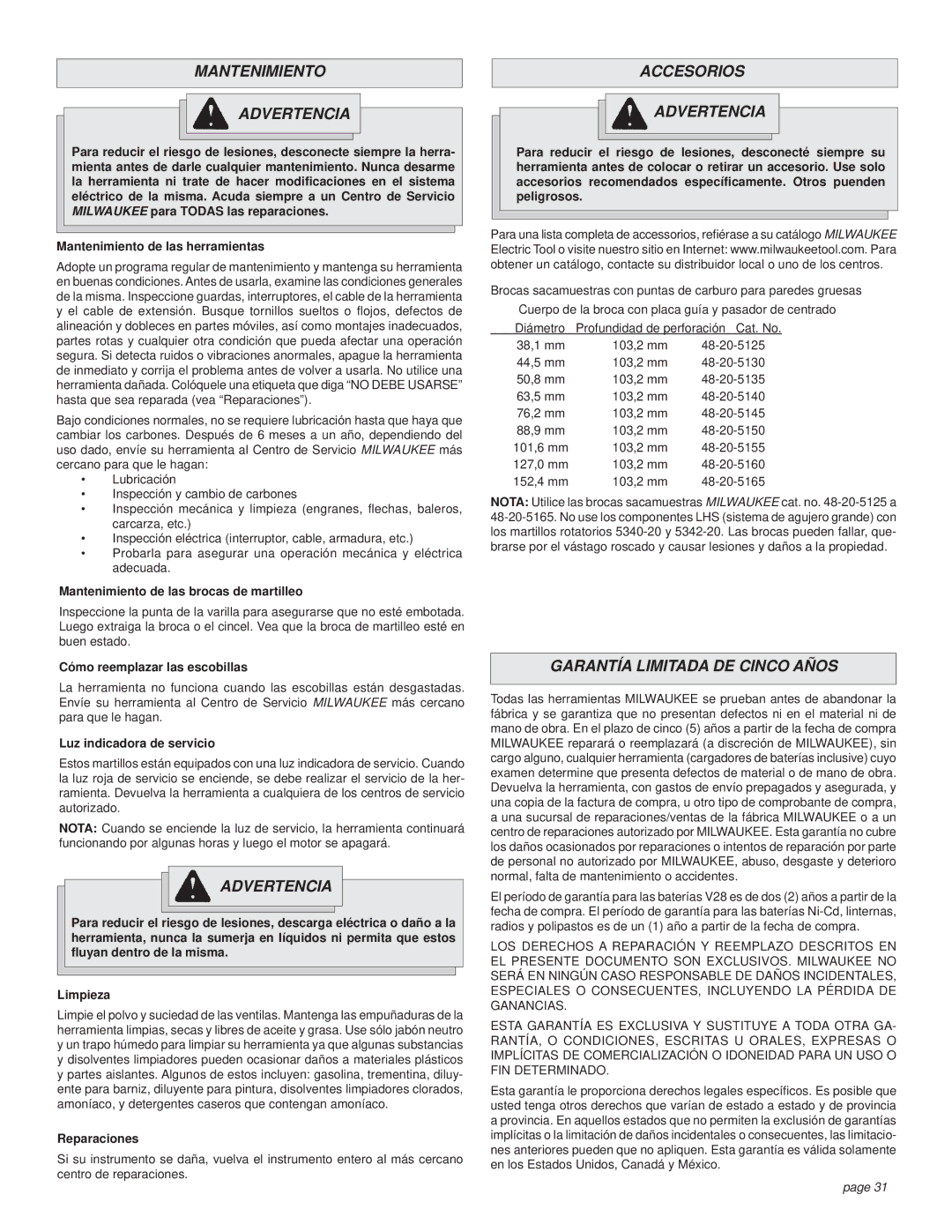 Milwaukee Rotary Hammer manual Mantenimiento Advertencia, Accesorios Advertencia, Garantía Limitada DE Cinco Años 