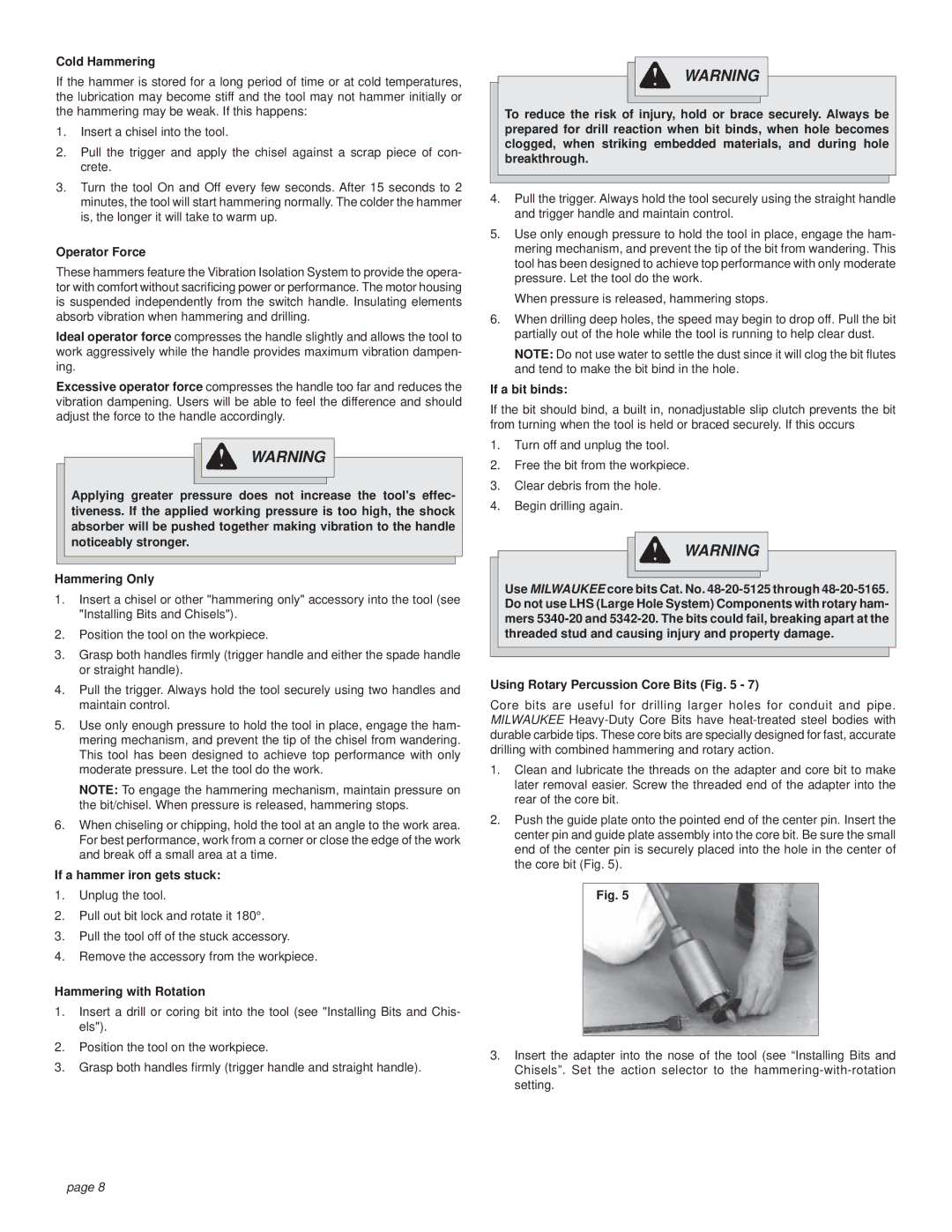 Milwaukee Rotary Hammer manual Cold Hammering, Operator Force, If a hammer iron gets stuck, Hammering with Rotation 