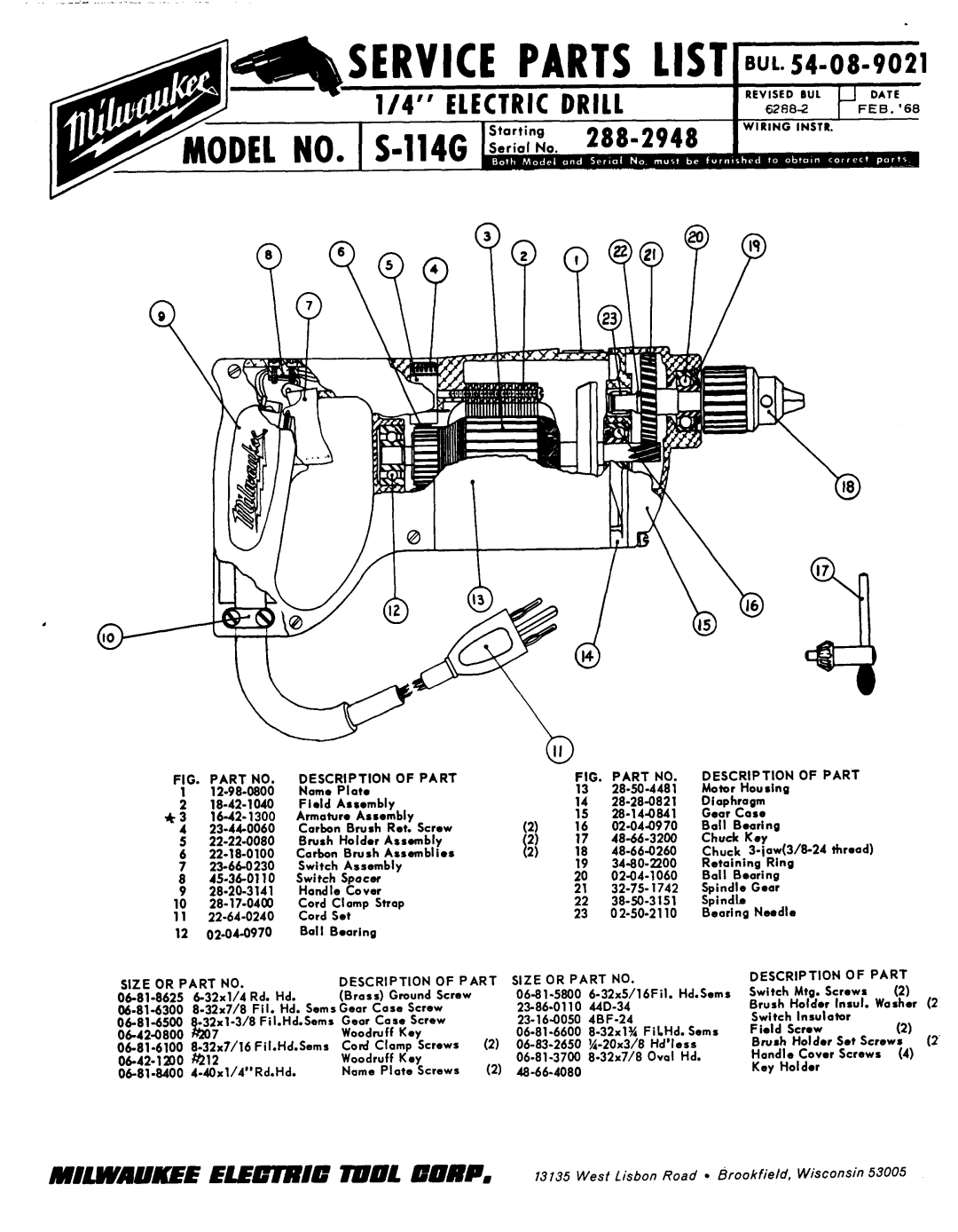 Milwaukee S-114G manual StKVICt, Revised RUL Date, Wiring Instr, Size or Part Description 