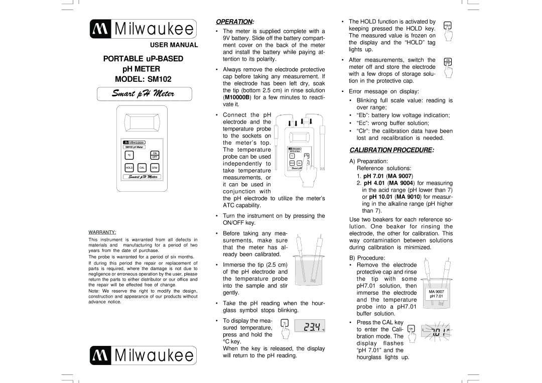 Milwaukee SM102 user manual Operation, Calibration Procedure 